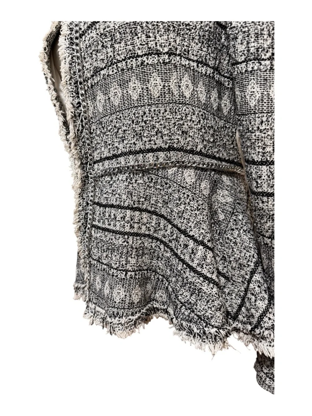 Rebecca Taylor Black White Tweed Chain Trim Raw Fringe Peplum Blazer Jacket S